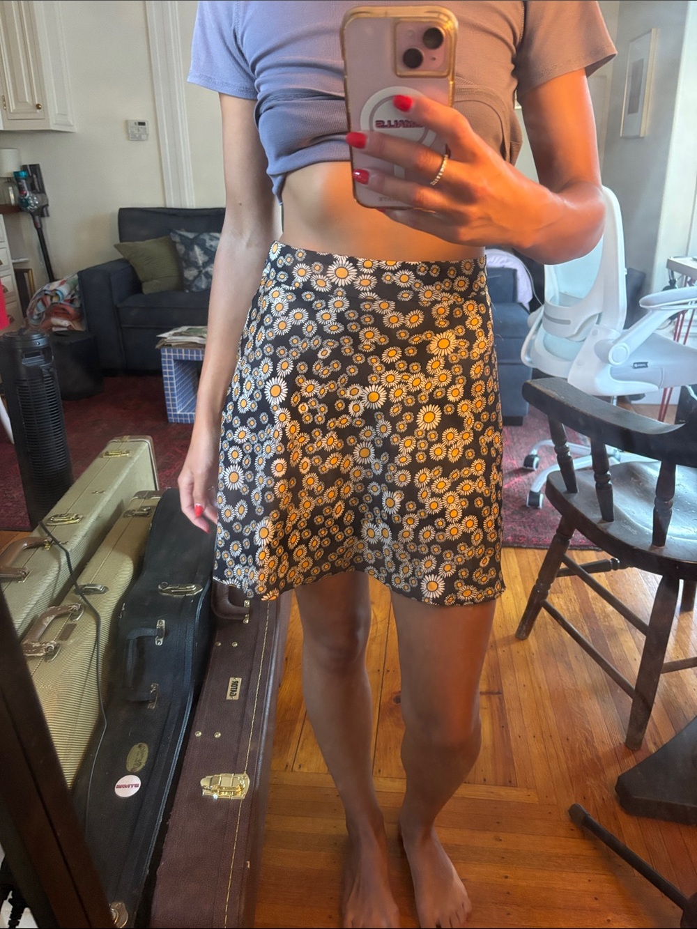Free People Black Mini Skirt with Yellow and White Daisy Print